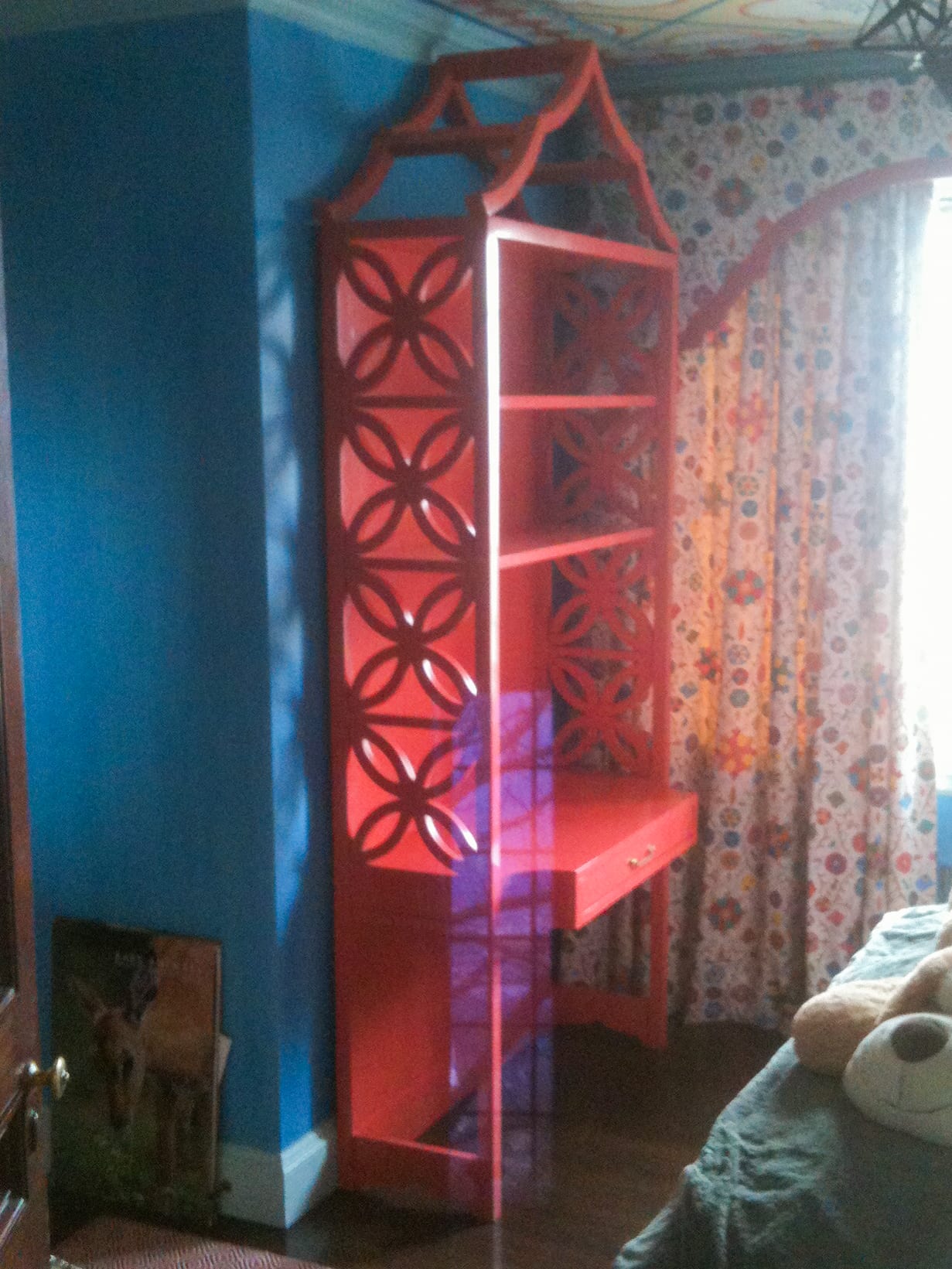 Bright Red Bookcase with Built in Desk