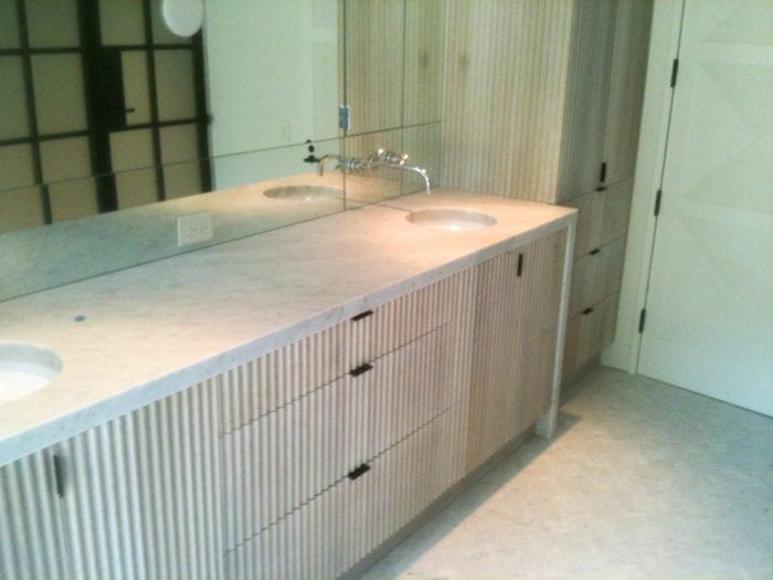 Fluted Light Wooden Vanity with marble countertop