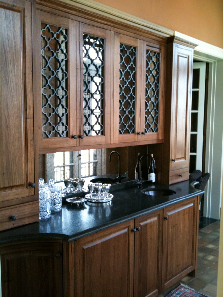 Walnut and Black Patterned Kitchen Cabinets full view