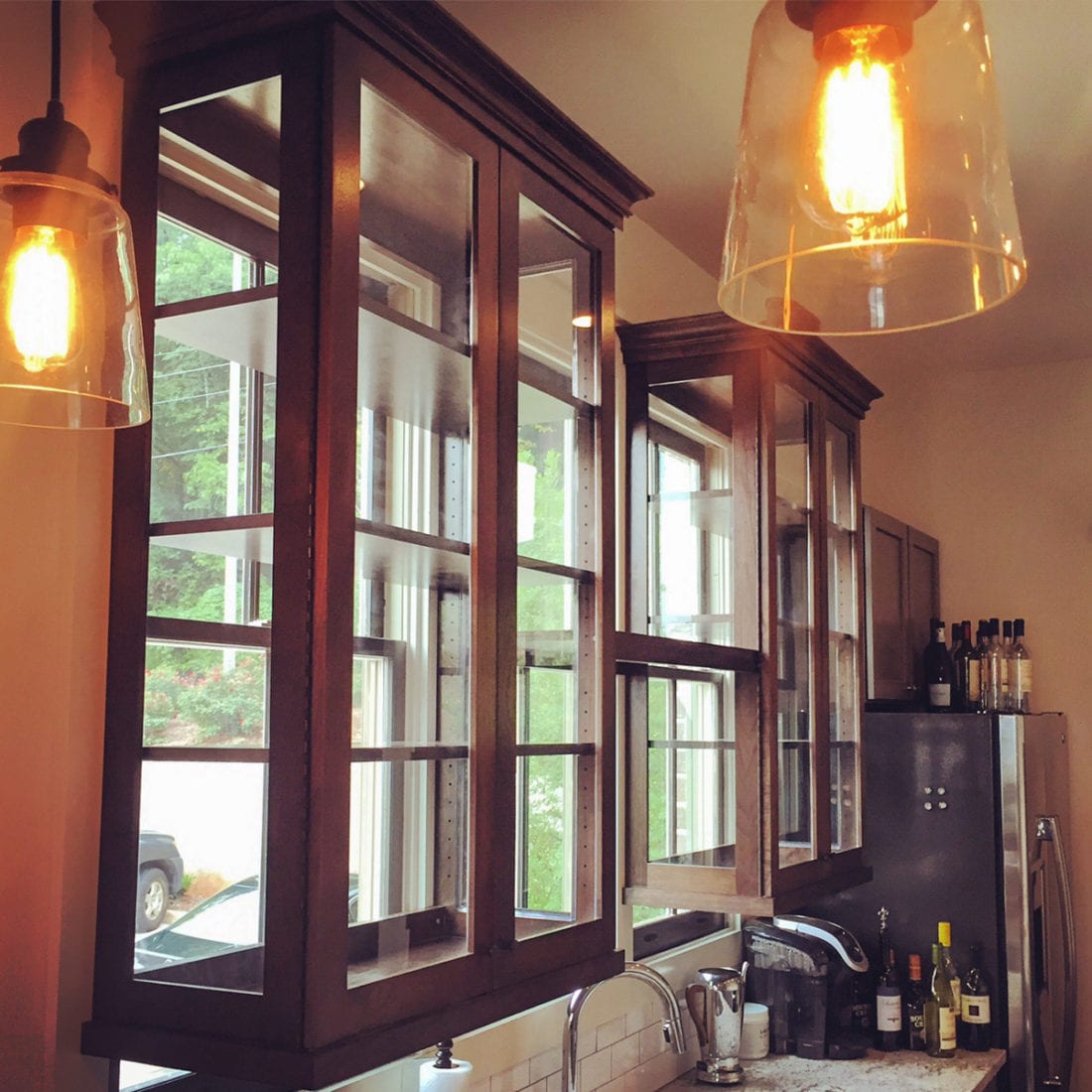 Glass and Walnut Kitchen Cabinets