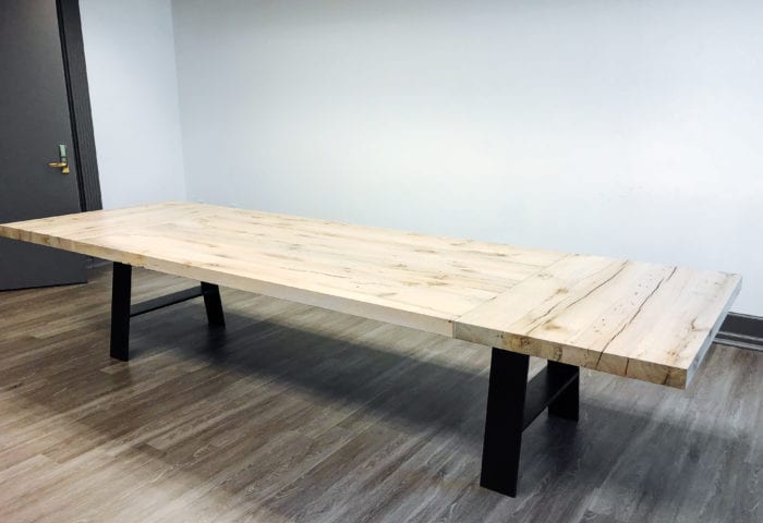 Rustic Wooden table with Steel black legs side view