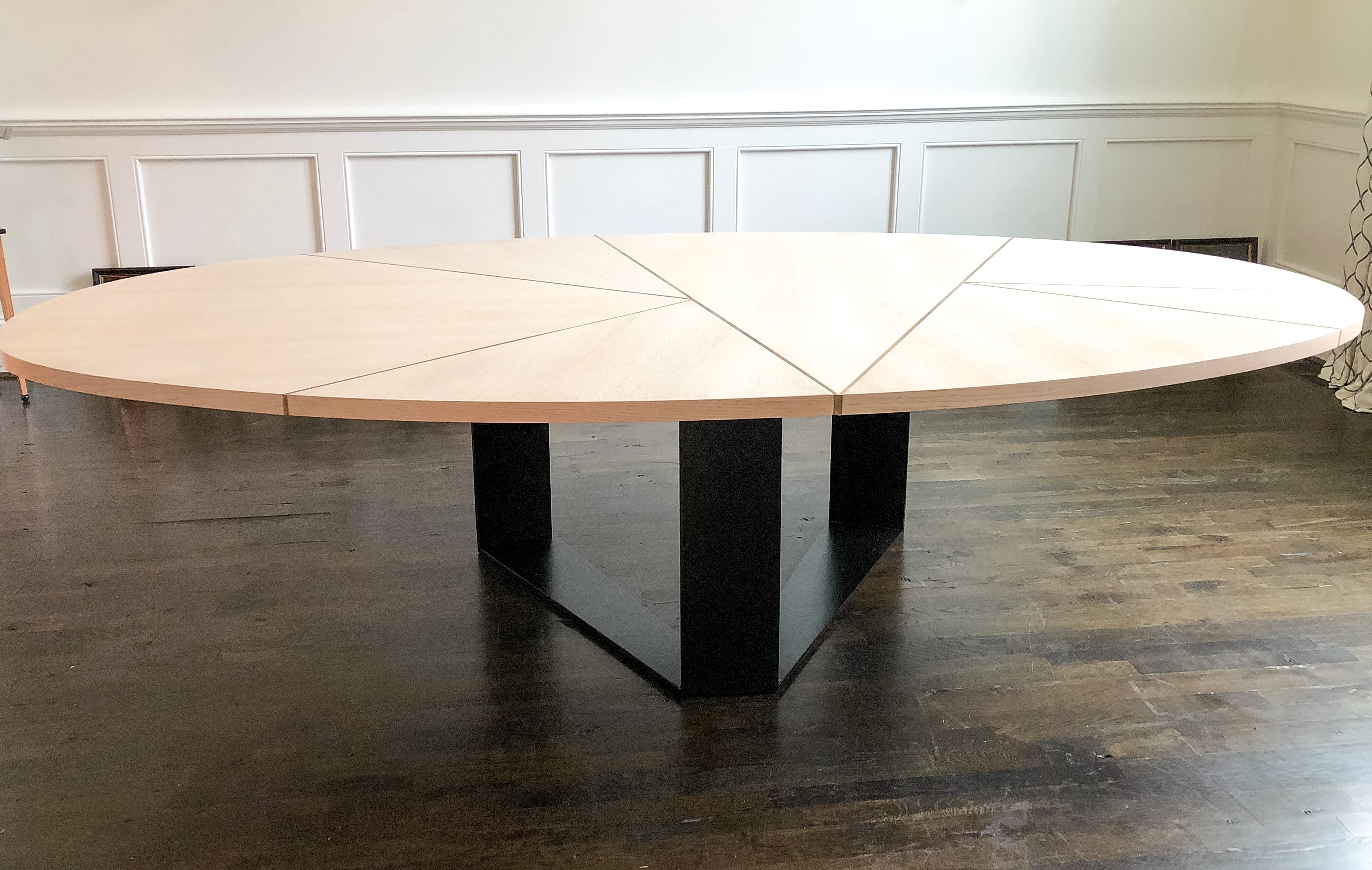 Oak, Brass, and Steel oval dining table side view