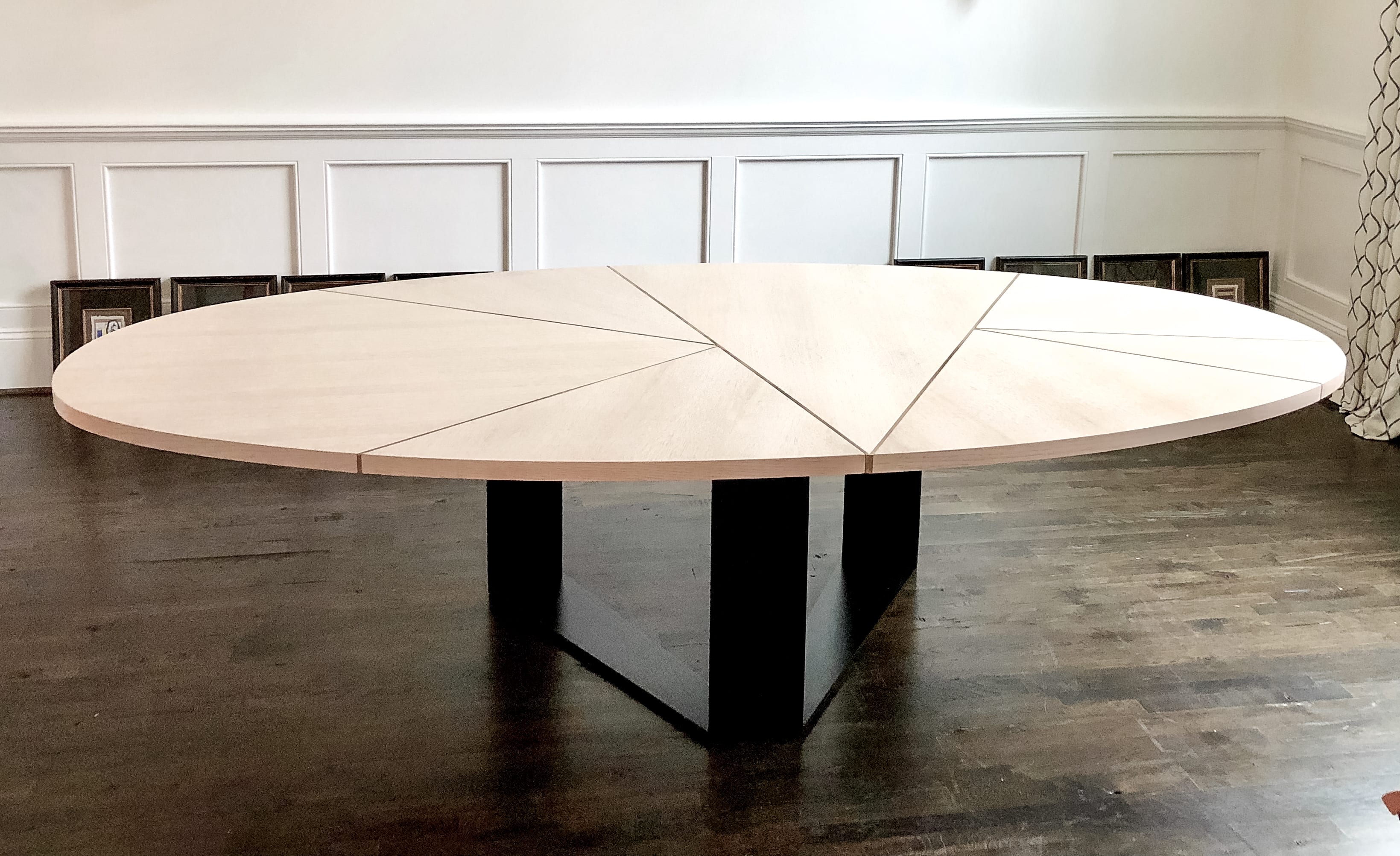 Oak, Brass, and Steel oval dining table side view