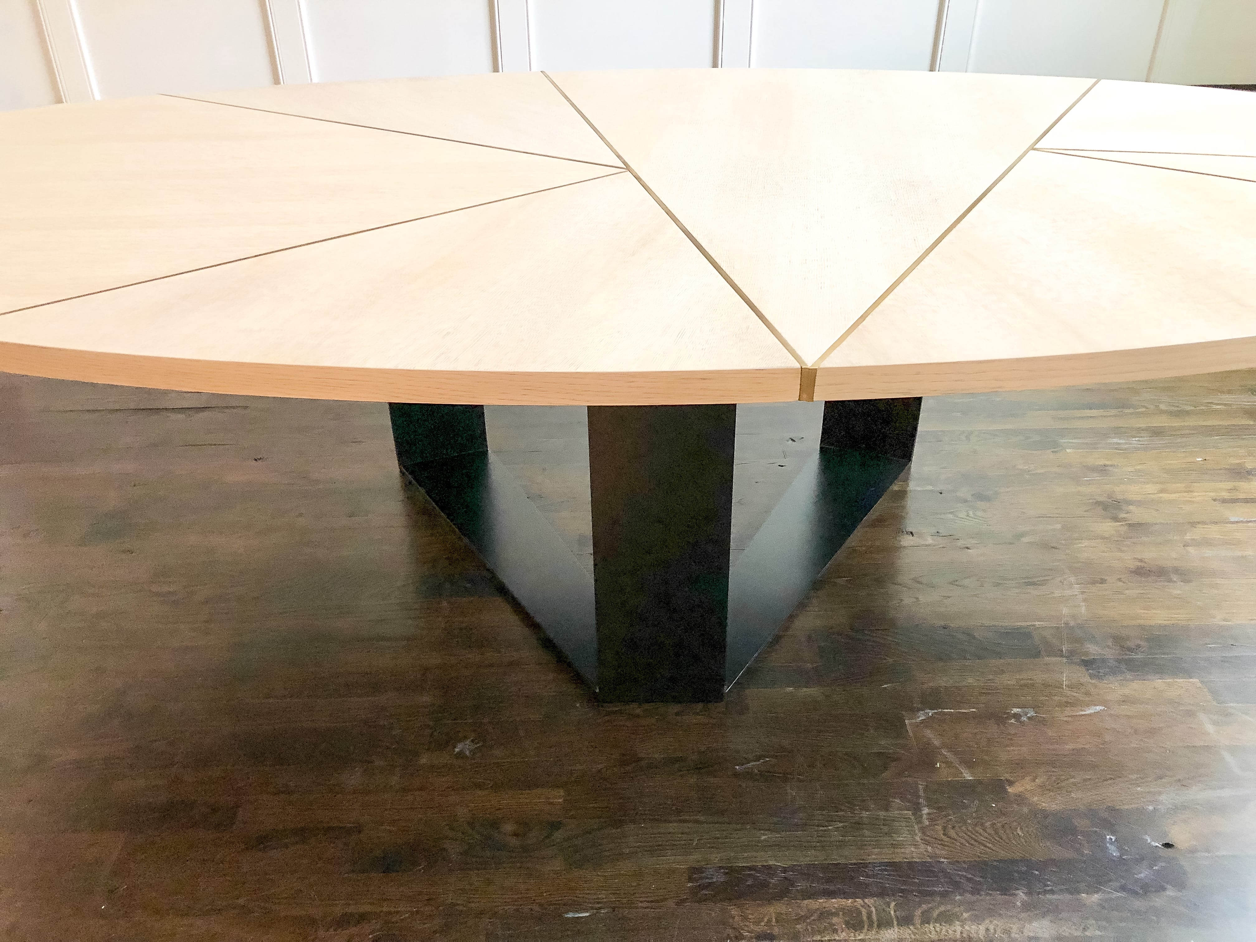 Oak, Brass, and Steel oval dining table side details