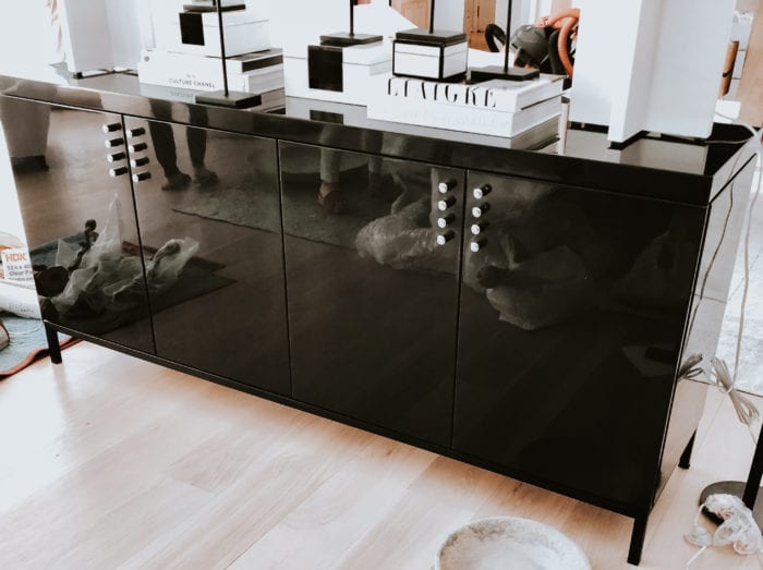 Shiny Black Credenza with Silver Button Knobs