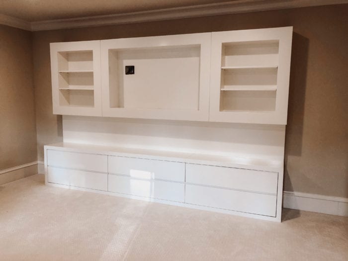Modern White Entertainment Console with built in shelves