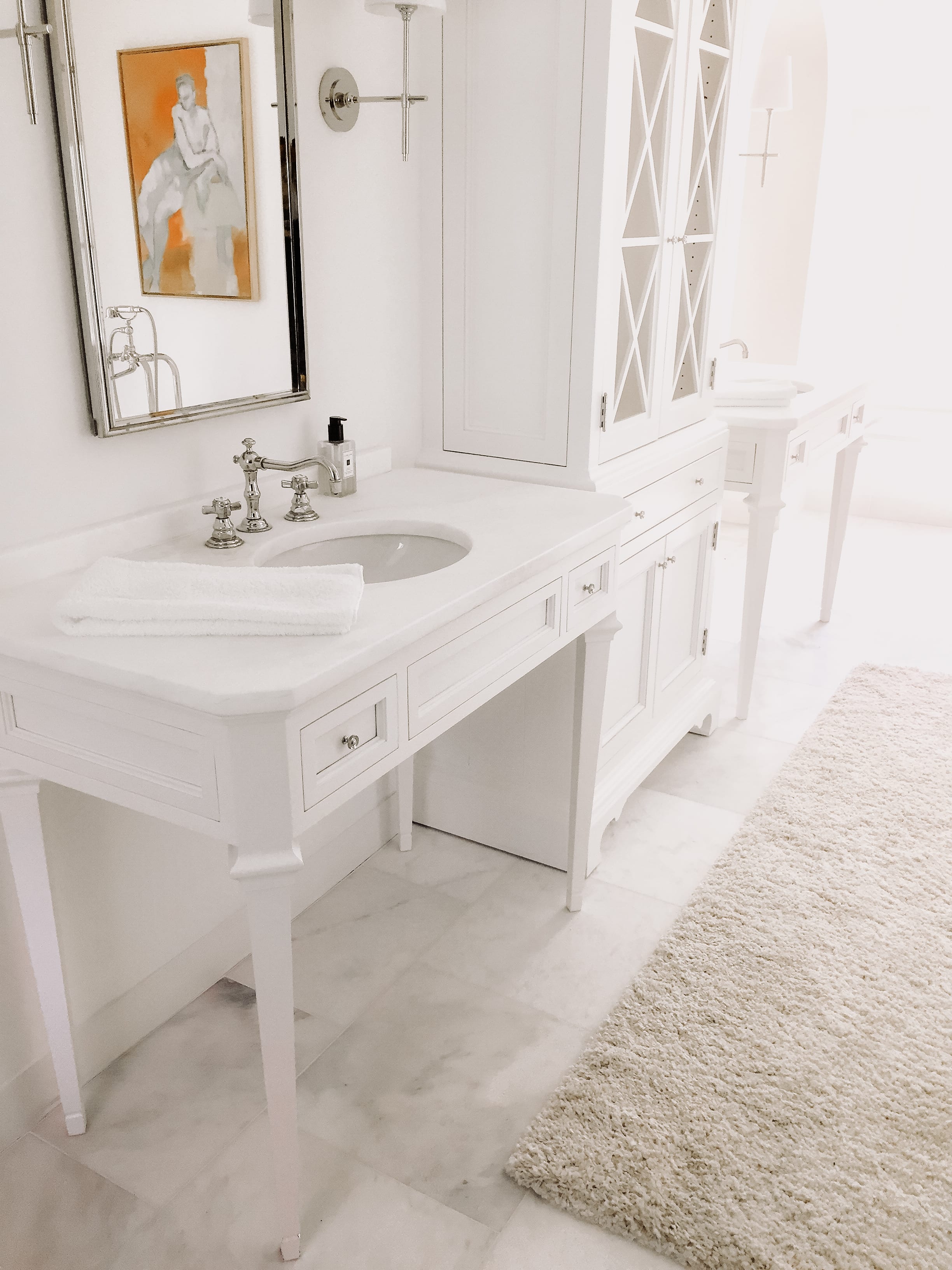 Classic White wooden double vanity with matching cabinets