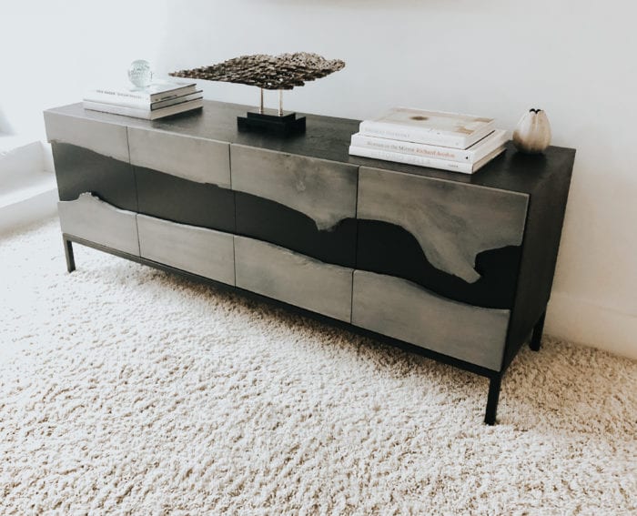reclaimed white oak and steel credenza front side view