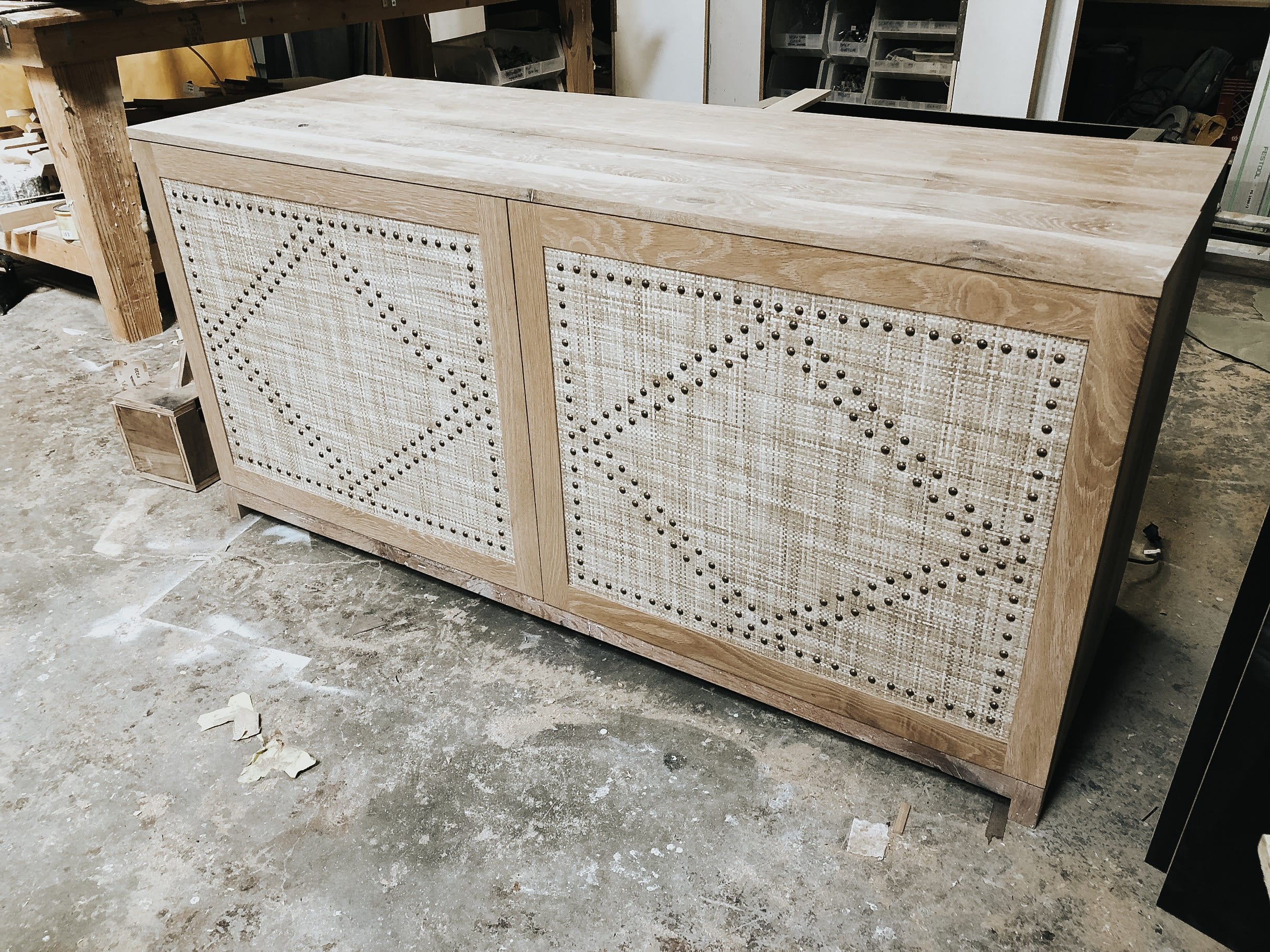 Rustic White Oak Television Pop Up Cabinet with Fabric Paneled Doors