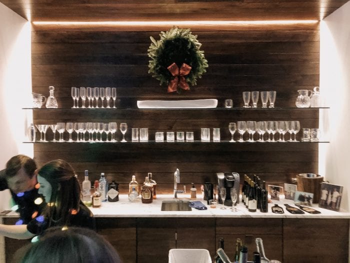Built in Walnut Bar with Glass Decor full view
