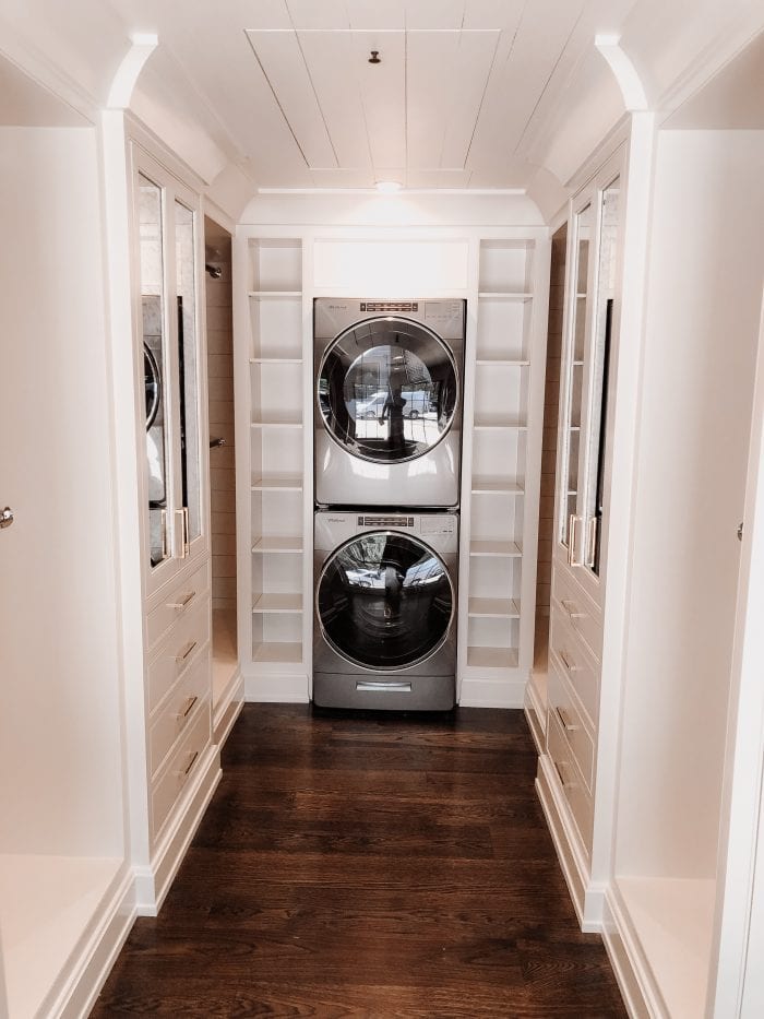 Built in Washer and Dryer Combo with White Shelving
