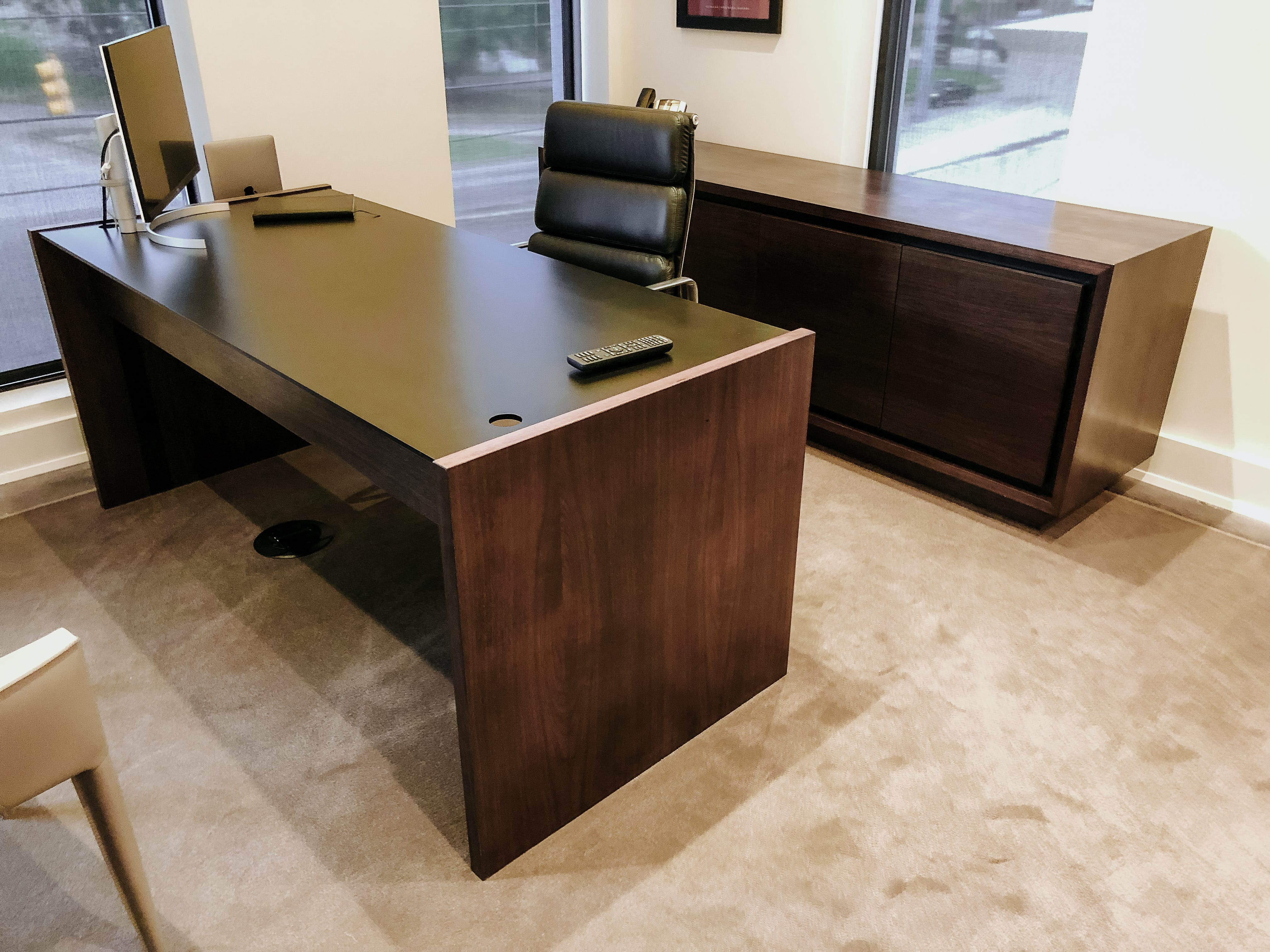 Sleek Walnut Office Desk and Matching Credenza