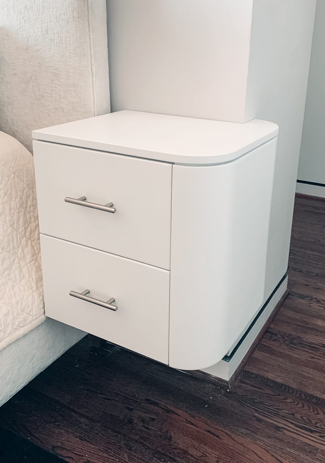 Small White Bedside Tables with Silver Handles