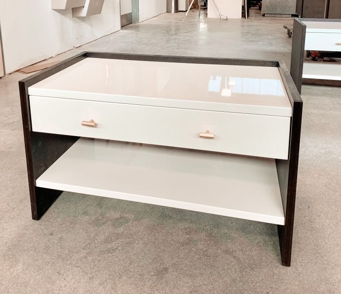 Glossy White Nightstand with Brass Pulls