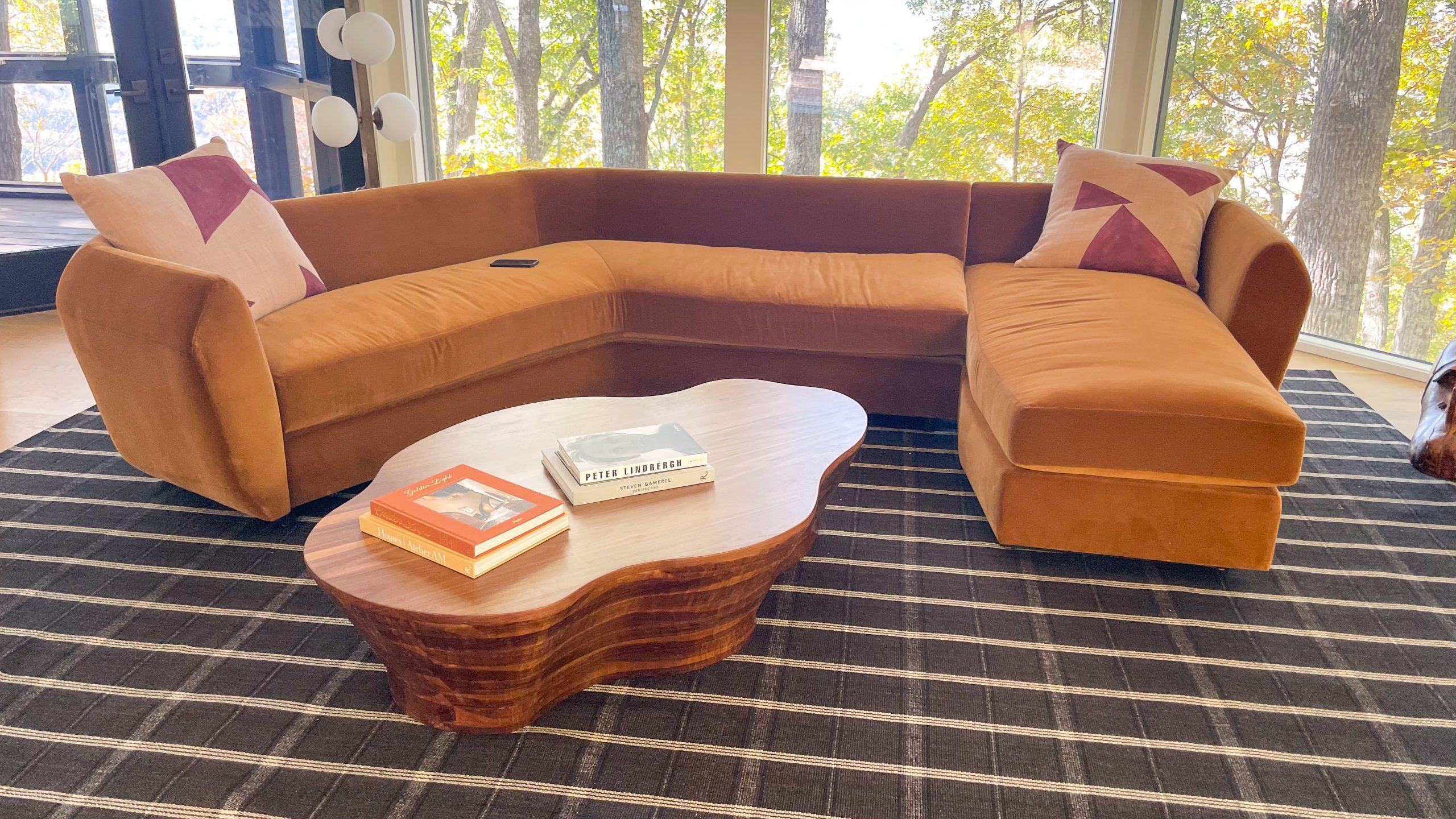 Organic shaped walnut coffee table in living room