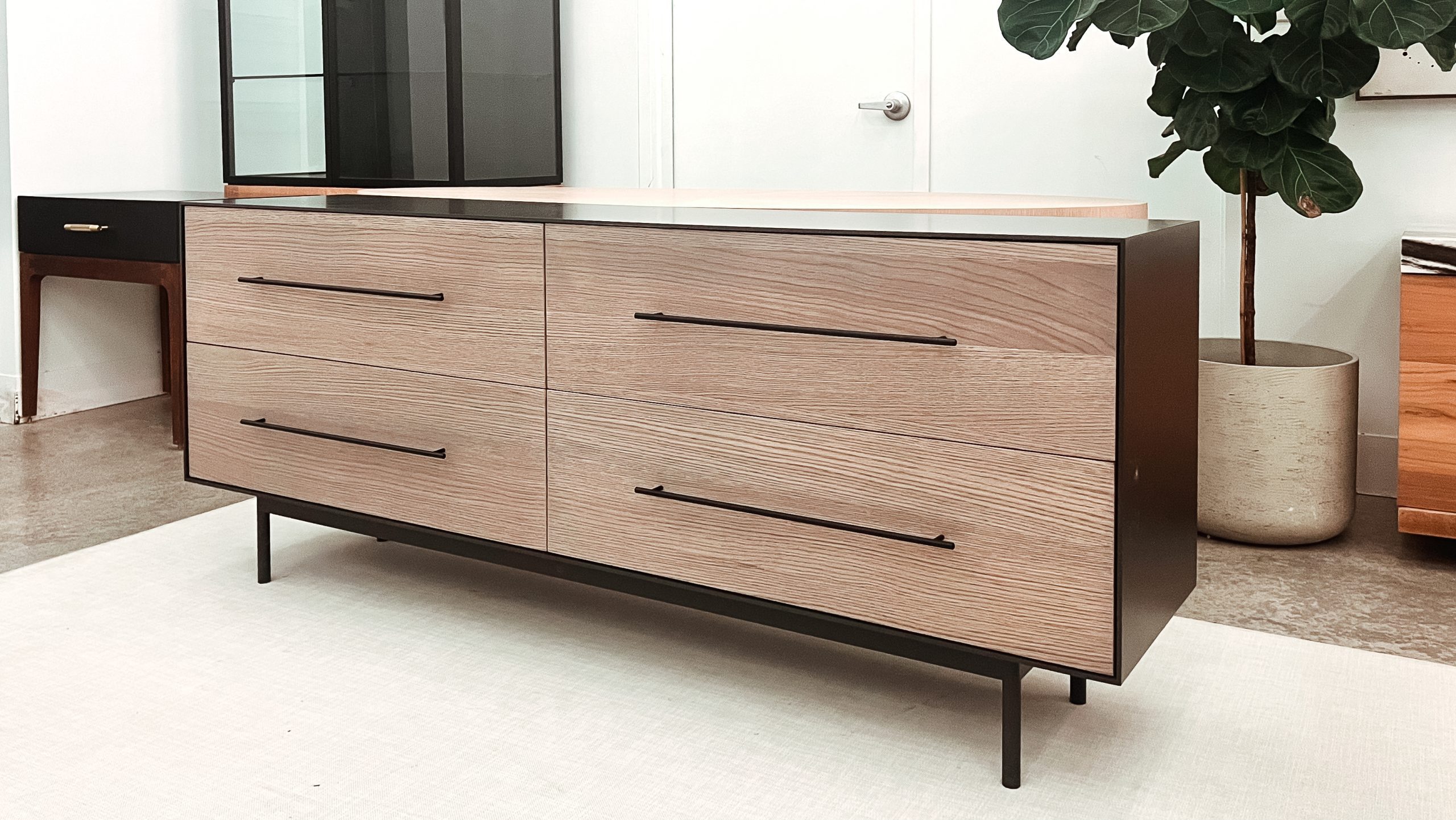 steel and grayed oak credenza with drawers