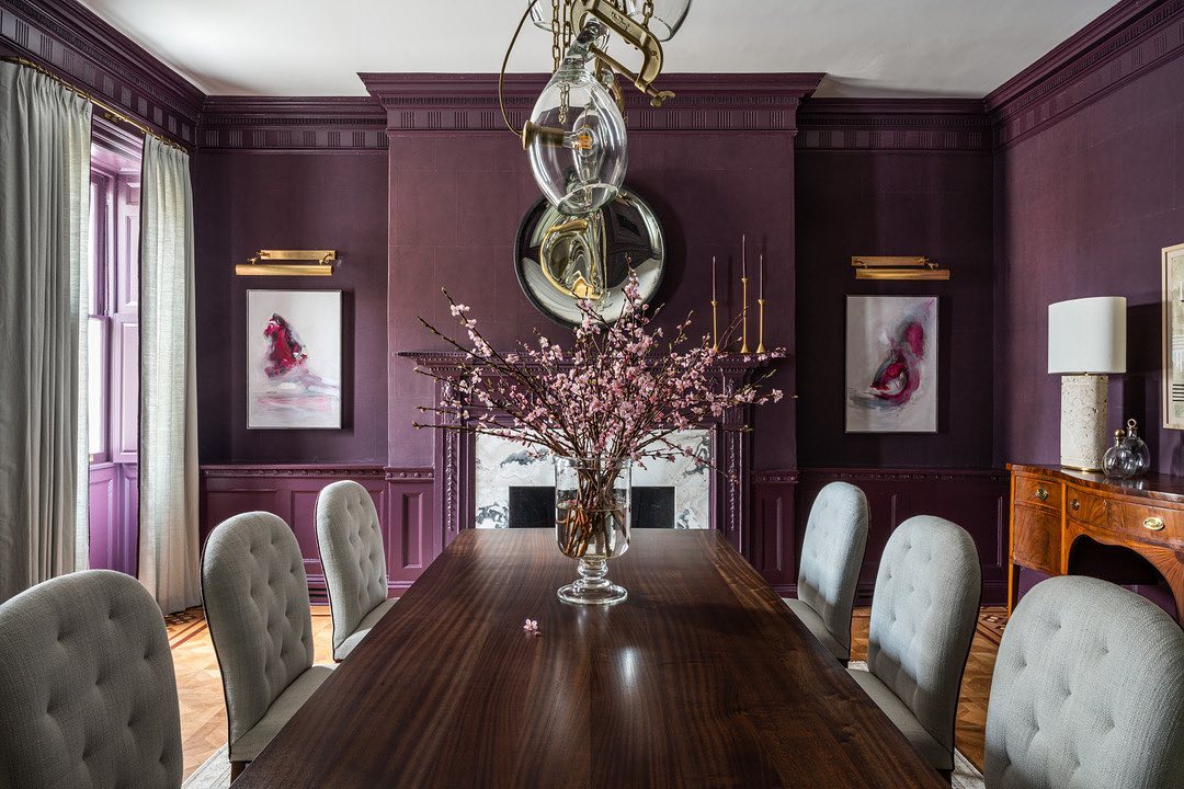 Long walnut dining table we made for this beautiful purple dining room. From a project with @bberryinteriors.⁠