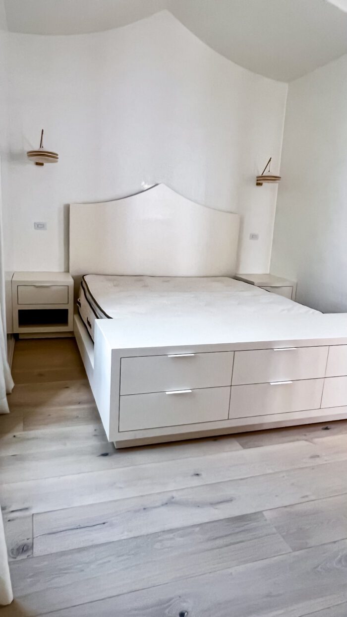 crisp, white bed frame