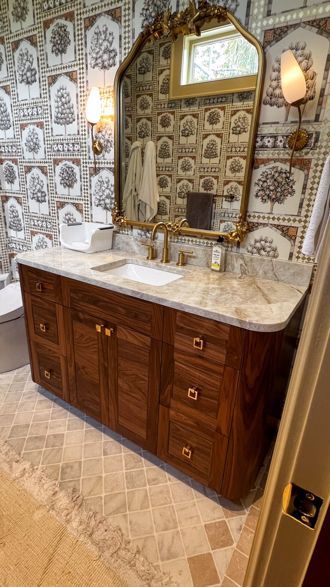 Traditional walnut bathroom with natural themed walls