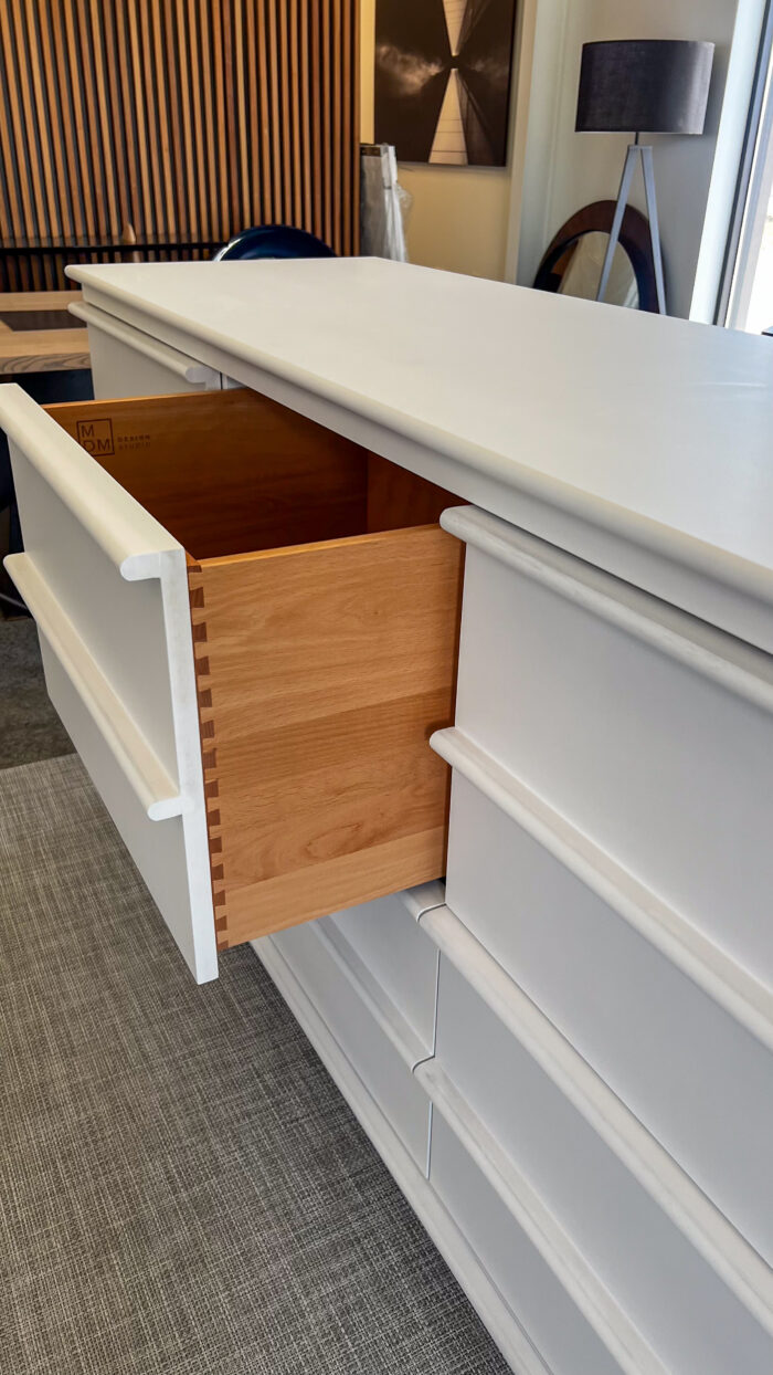 Drawer Details of White Credenza with rounded corners