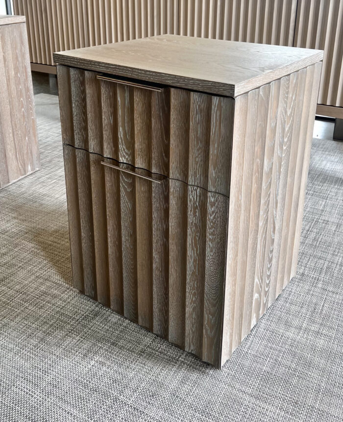 Grey Ash fluted side tables with brass hardware