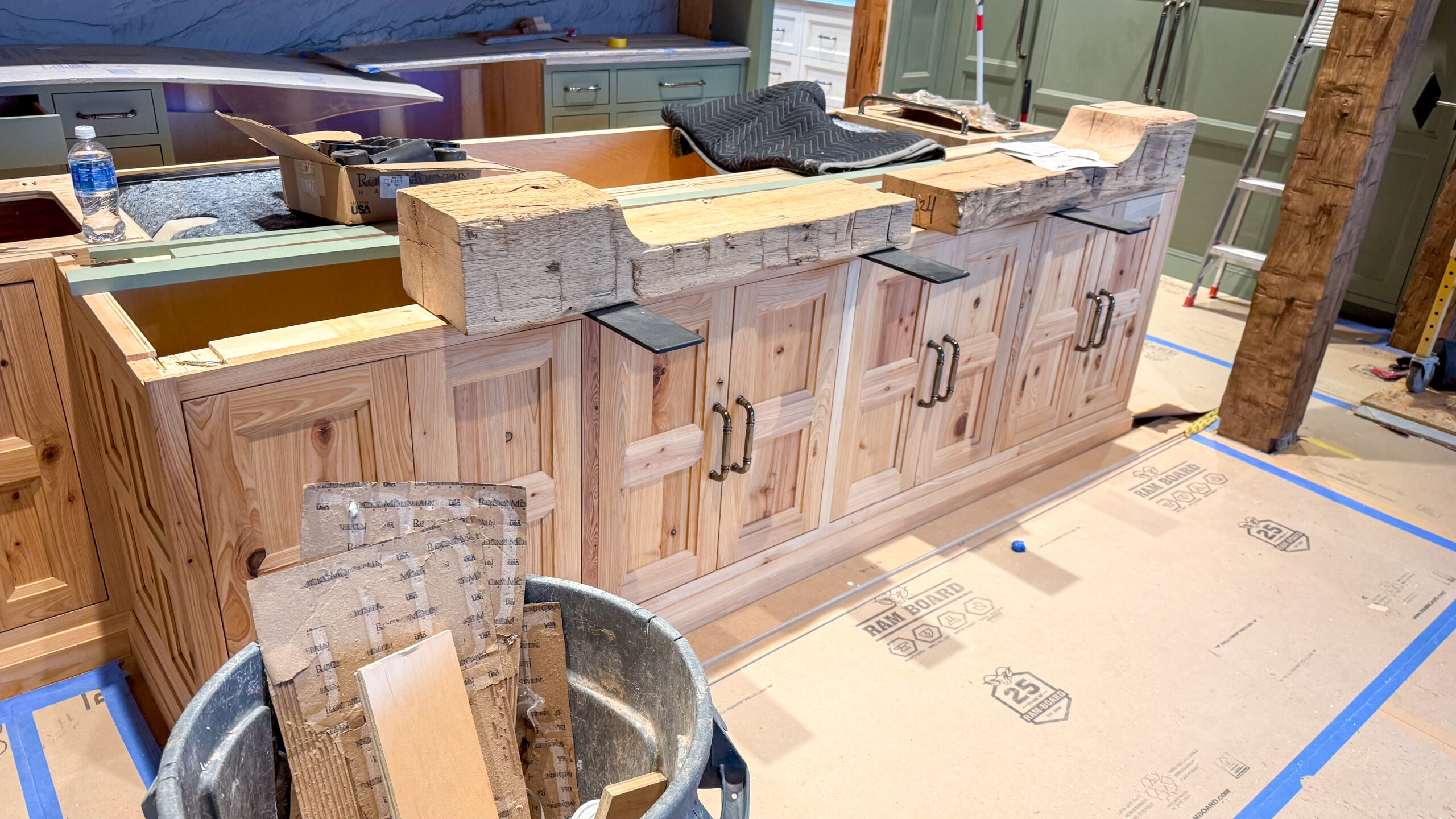 reclaimed beam countertop installation