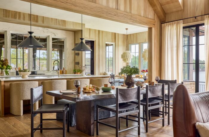 Live edge walnut dining table in natural wood-finished interior