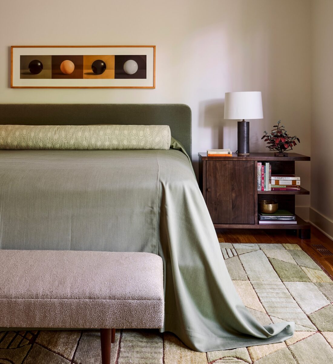 Walnut bedside table in a midcentury style Birmingham bedroom