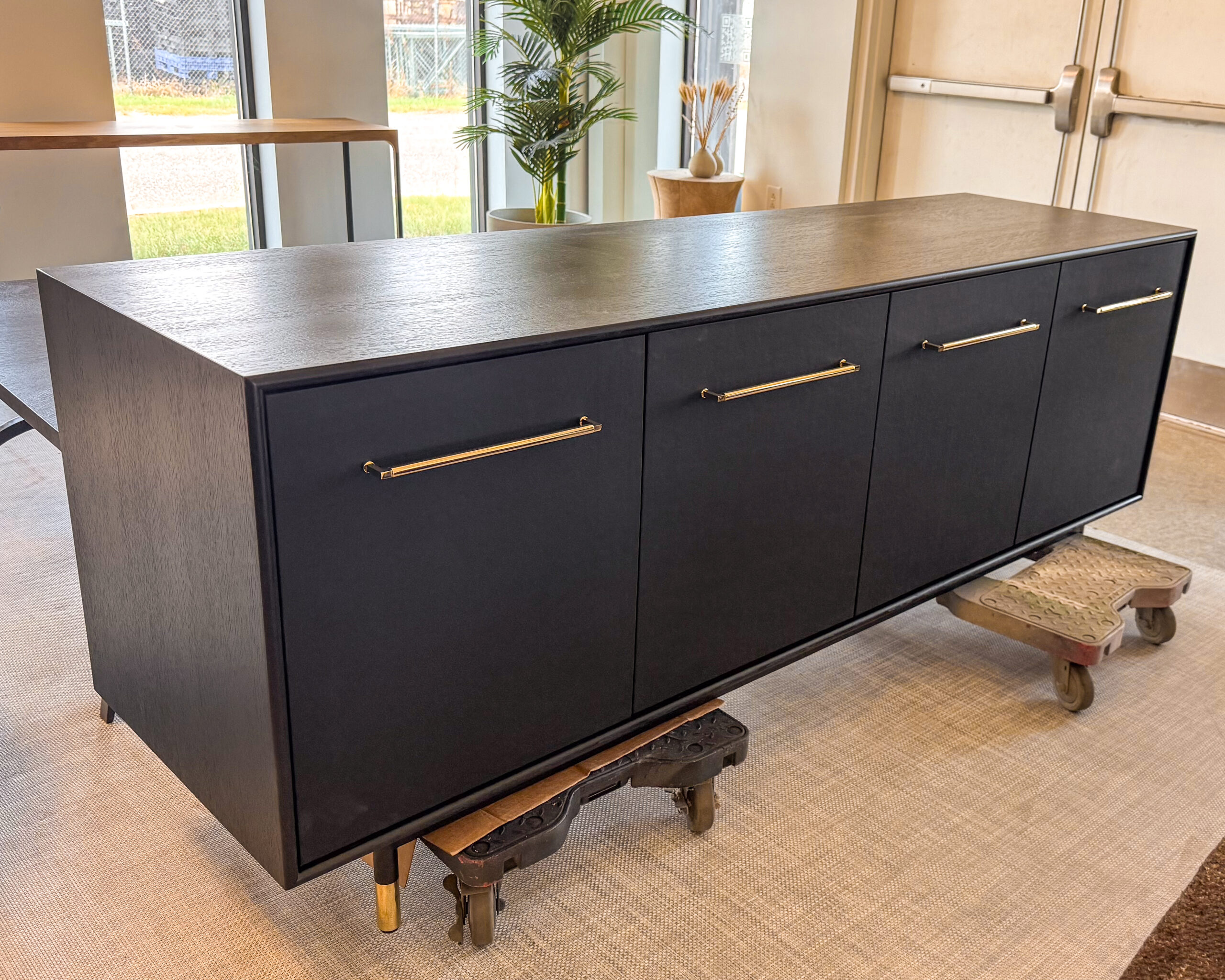 Sleek Wooden TV Cabinet with black finish and brass handles